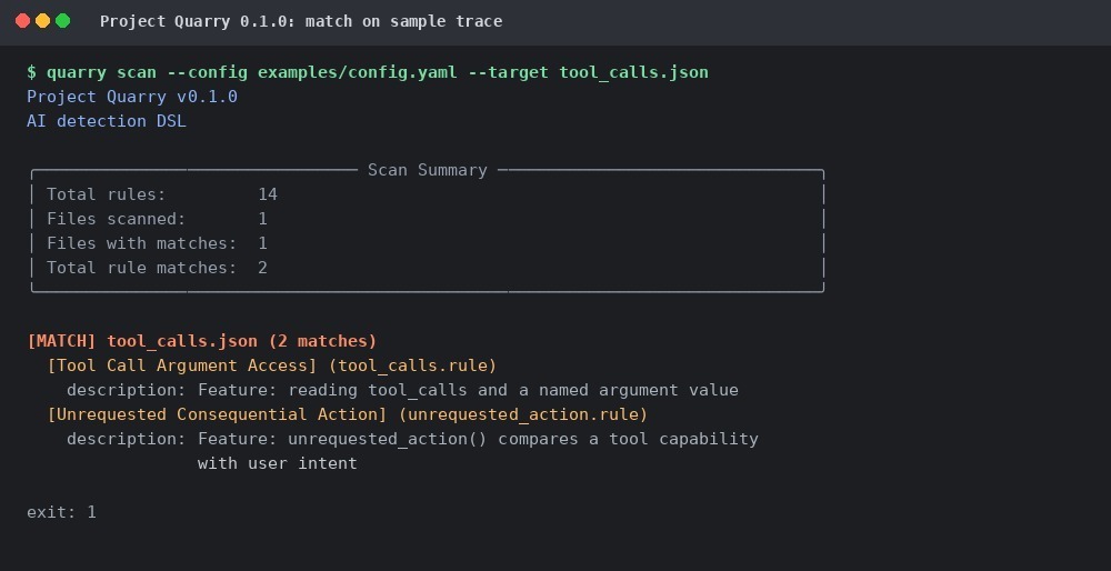 Terminal plate showing Project Quarry 0.1.0 matching two rules on a sample tool_calls trace