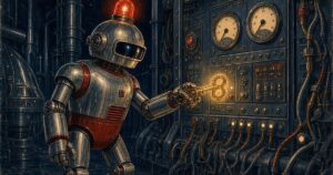 Chrome saboteur robot planting a glowing brass key in a riveted network-router switchboard — pulp illustration for Cisco SD-WAN KeyDrift