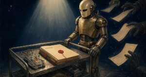 Brass hospital robot guarding a wearable heart monitor and sealed patient files while shadowy hands siphon glowing records — pulp illustration for the iRhythm breach