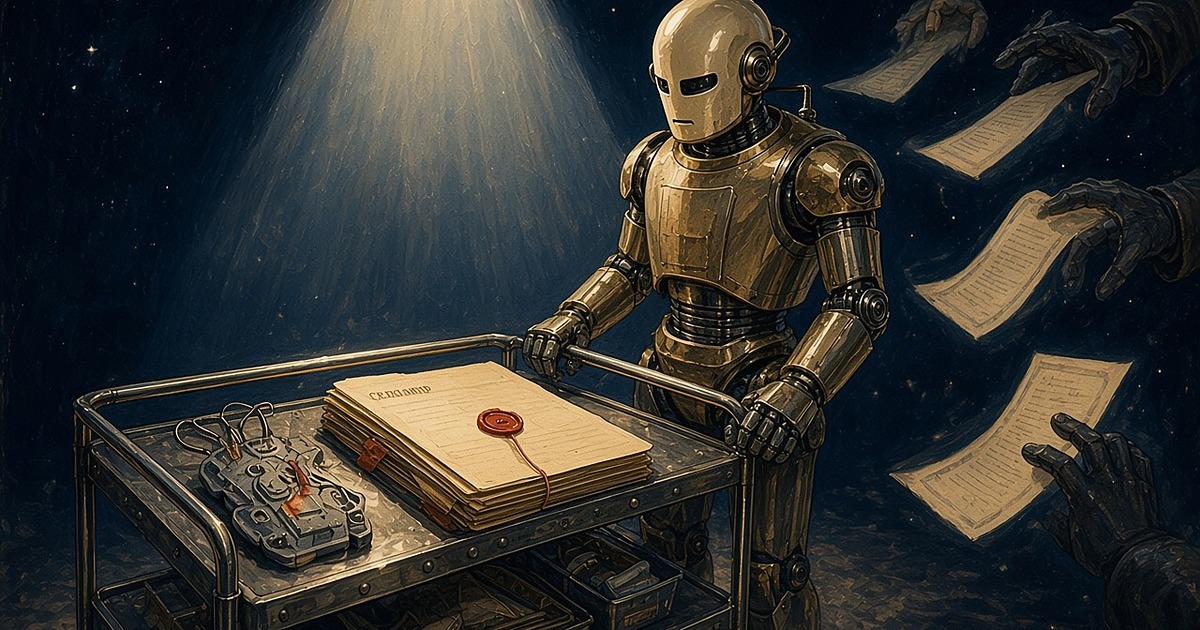 Brass hospital robot guarding a wearable heart monitor and sealed patient files while shadowy hands siphon glowing records — pulp illustration for the iRhythm breach