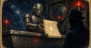 1950s pulp illustration of a brass robot registrar handing a glowing domain scroll across a counter under red warning beacons, navy and chrome on aged paper, no text