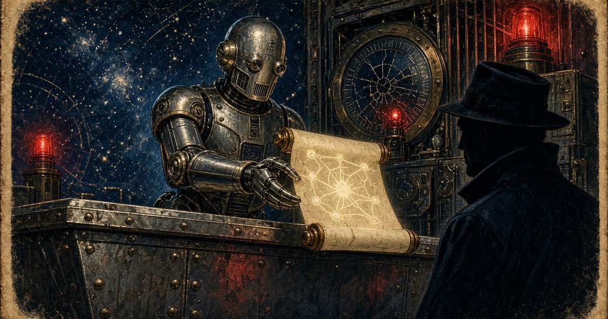 1950s pulp illustration of a brass robot registrar handing a glowing domain scroll across a counter under red warning beacons, navy and chrome on aged paper, no text