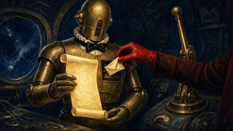 Pulp sci-fi illustration of a brass robot butler reading a scroll while a red-gloved hand slips a note into its chest panel