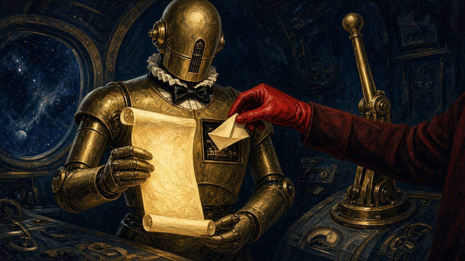 Pulp sci-fi illustration of a brass robot butler reading a scroll while a red-gloved hand slips a note into its chest panel