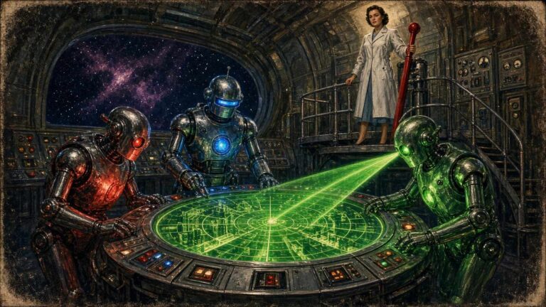 Pulp sci-fi illustration of three chrome robots glowing red, blue and green around a radar-style map table, watched from a gantry by a 1950s woman scientist with her hand on a red lever