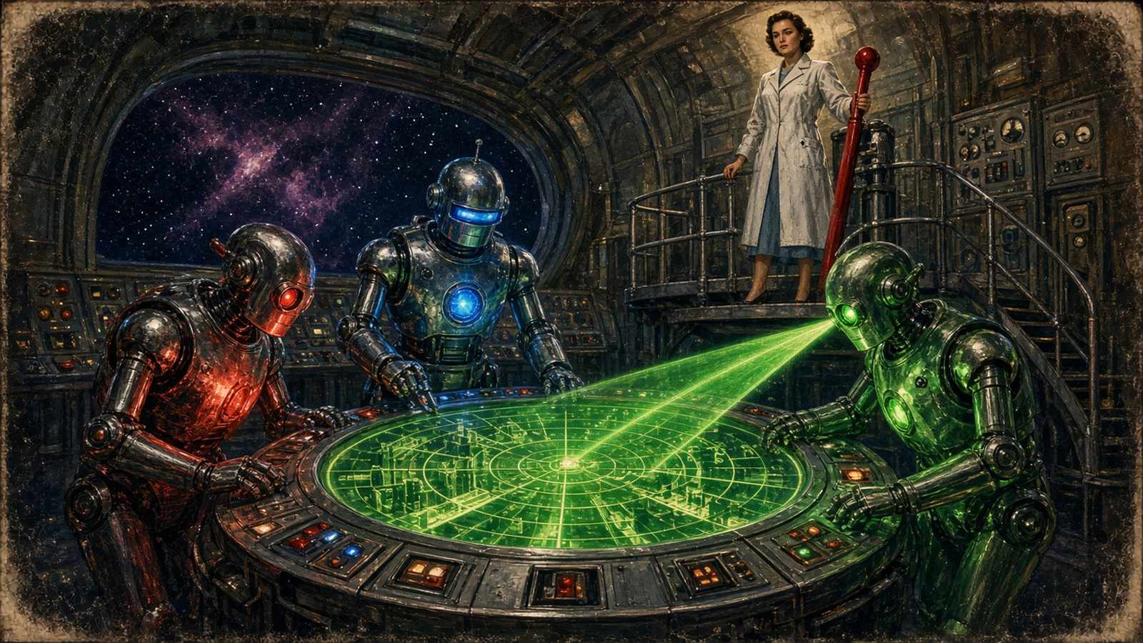 Pulp sci-fi illustration of three chrome robots glowing red, blue and green around a radar-style map table, watched from a gantry by a 1950s woman scientist with her hand on a red lever
