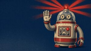 Pulp-style warning robot with a glass dome and a red beacon