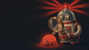 Pulp-style warning robot with a red beacon examining a glowing red bug through a magnifying glass