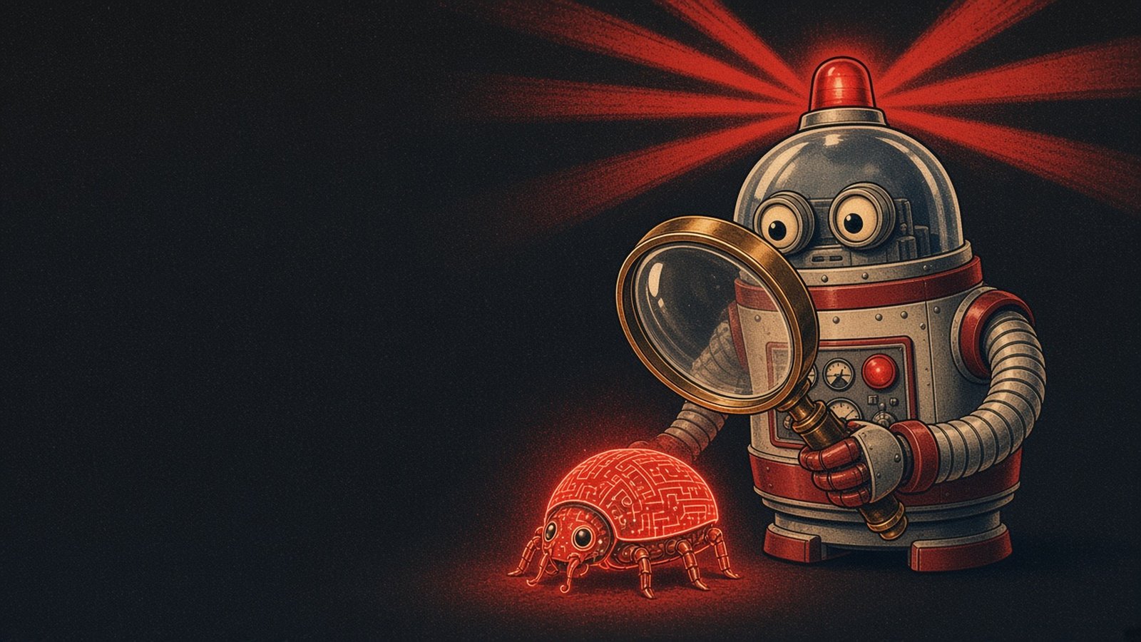 Pulp-style warning robot with a red beacon examining a glowing red bug through a magnifying glass