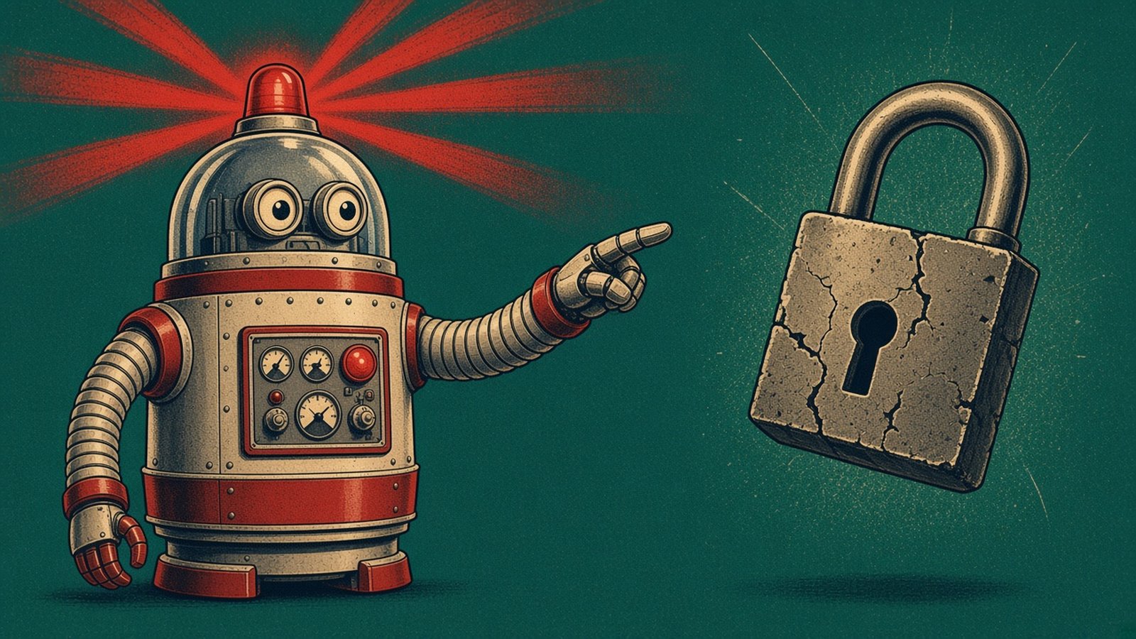 Pulp-style warning robot with a red beacon pointing at a cracked padlock