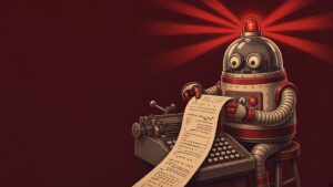 Pulp-style warning robot with a red beacon reading a printout from a teletype machine