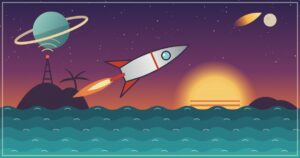 Original retro 1950s pulp-style illustration: a silver rocket with red fins flies over a Pacific ocean at sunset, past a ringed planet, palm-topped islands and a radio tower sending out signal rings