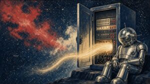 Pulp-style illustration of a rocket-age network switch with an unlocked hatch, a stray tunnel of light slipping past a sleeping robot guard