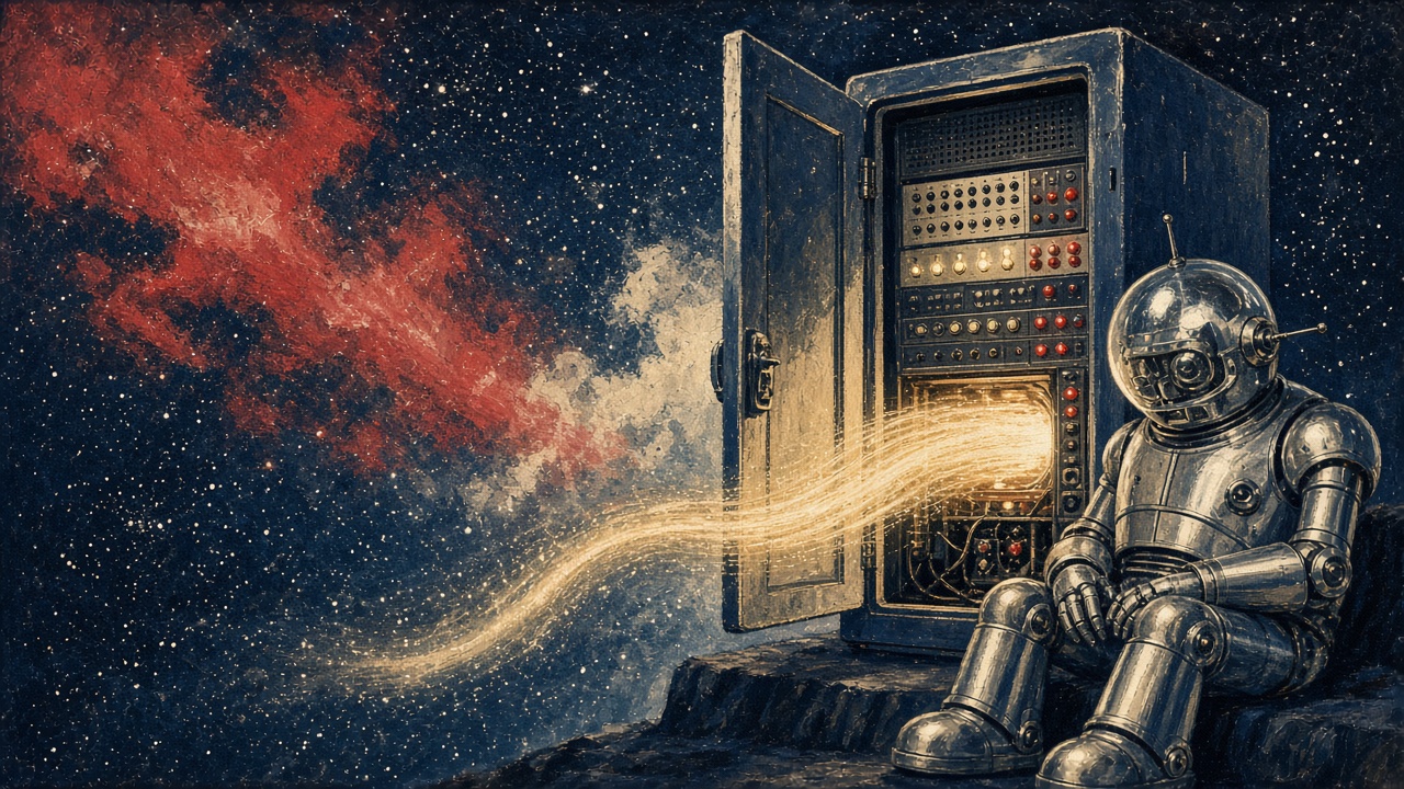 Pulp-style illustration of a rocket-age network switch with an unlocked hatch, a stray tunnel of light slipping past a sleeping robot guard