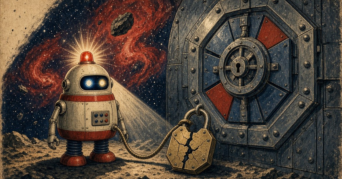 1950s pulp-style illustration of a cream and red warning robot with beacon beside a cracked padlock at a riveted vault door in starry space, navy red and chrome on aged paper, no text
