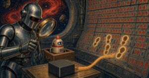 Brass magnifying glass following glowing footprints across a punch-card floor — building a small always-on threat-hunt PC