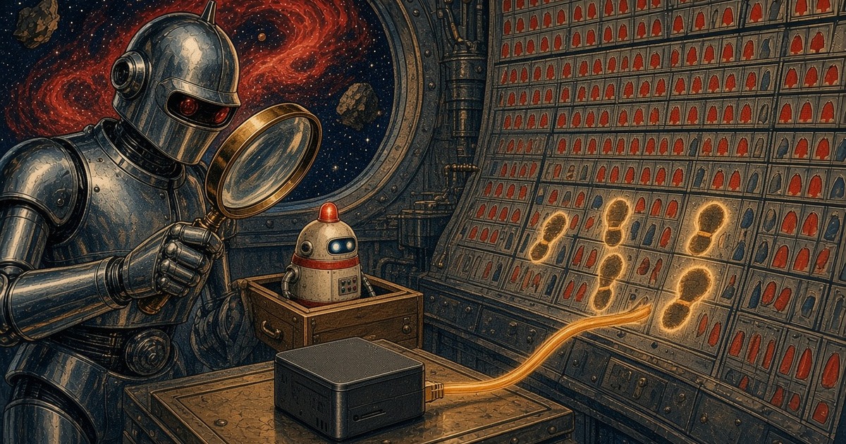 Brass magnifying glass following glowing footprints across a punch-card floor — building a small always-on threat-hunt PC