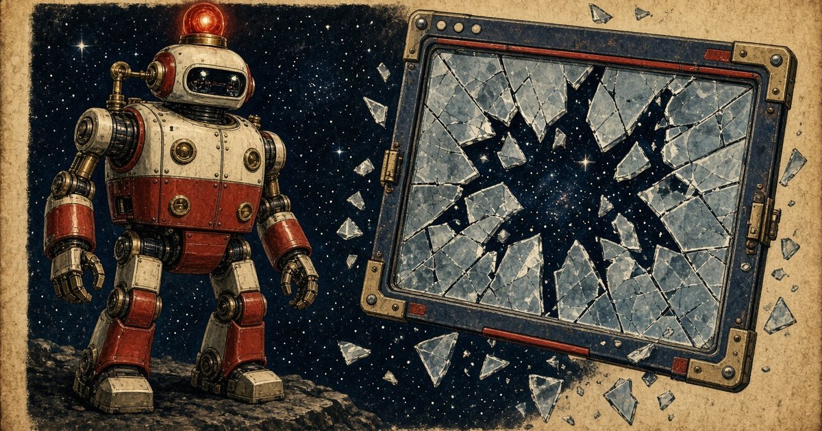 1950s pulp-style illustration of a cream and red warning robot with beacon beside a cracked chrome window frame in starry space, navy red and chrome on aged paper, no text