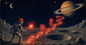 1950s pulp sci-fi illustration of a chrome-and-red robot on a cratered moon holding a glowing detector over a trail of footprints, a file icon and a key, with a ringed planet in a deep-space navy sky