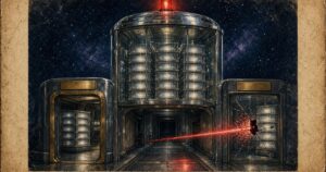 1950s pulp illustration of a chrome memory vault with a cracked glass pane and a scarlet light leaking between tenant booths, navy deep space, aged paper, no text