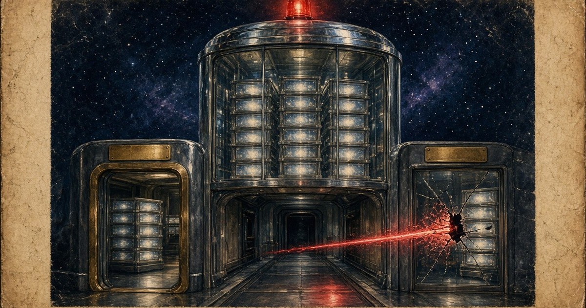 1950s pulp illustration of a chrome memory vault with a cracked glass pane and a scarlet light leaking between tenant booths, navy deep space, aged paper, no text
