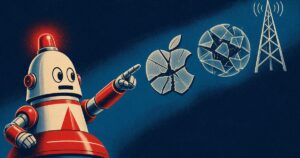 Abstract defensive pulp graphic: warning robot pointing at three cracked seals for Apple, MLflow and Aruba alerts, no text