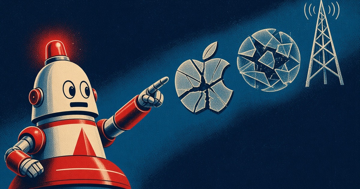 Abstract defensive pulp graphic: warning robot pointing at three cracked seals for Apple, MLflow and Aruba alerts, no text