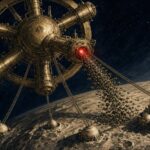 Pulp-style illustration of a brass relay station with a glowing red port sending a swarm of drones towards domed cities
