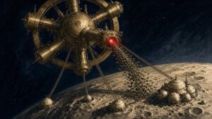 Pulp-style illustration of a brass relay station with a glowing red port sending a swarm of drones towards domed cities