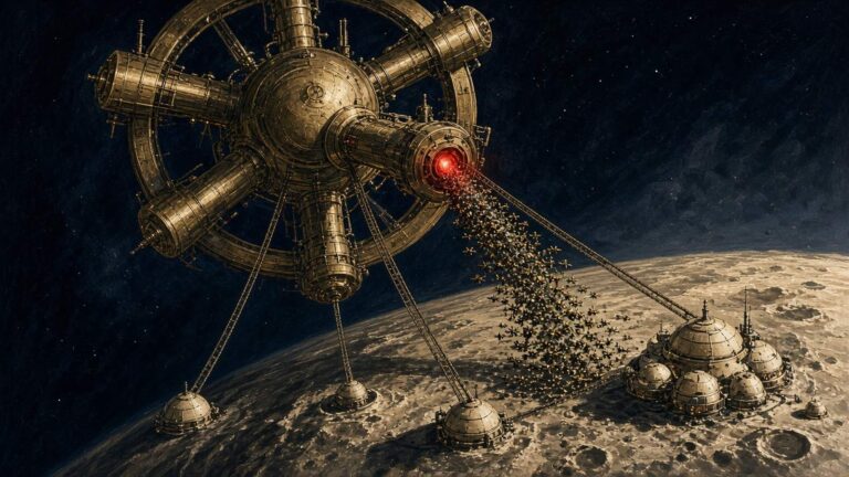 Pulp-style illustration of a brass relay station with a glowing red port sending a swarm of drones towards domed cities