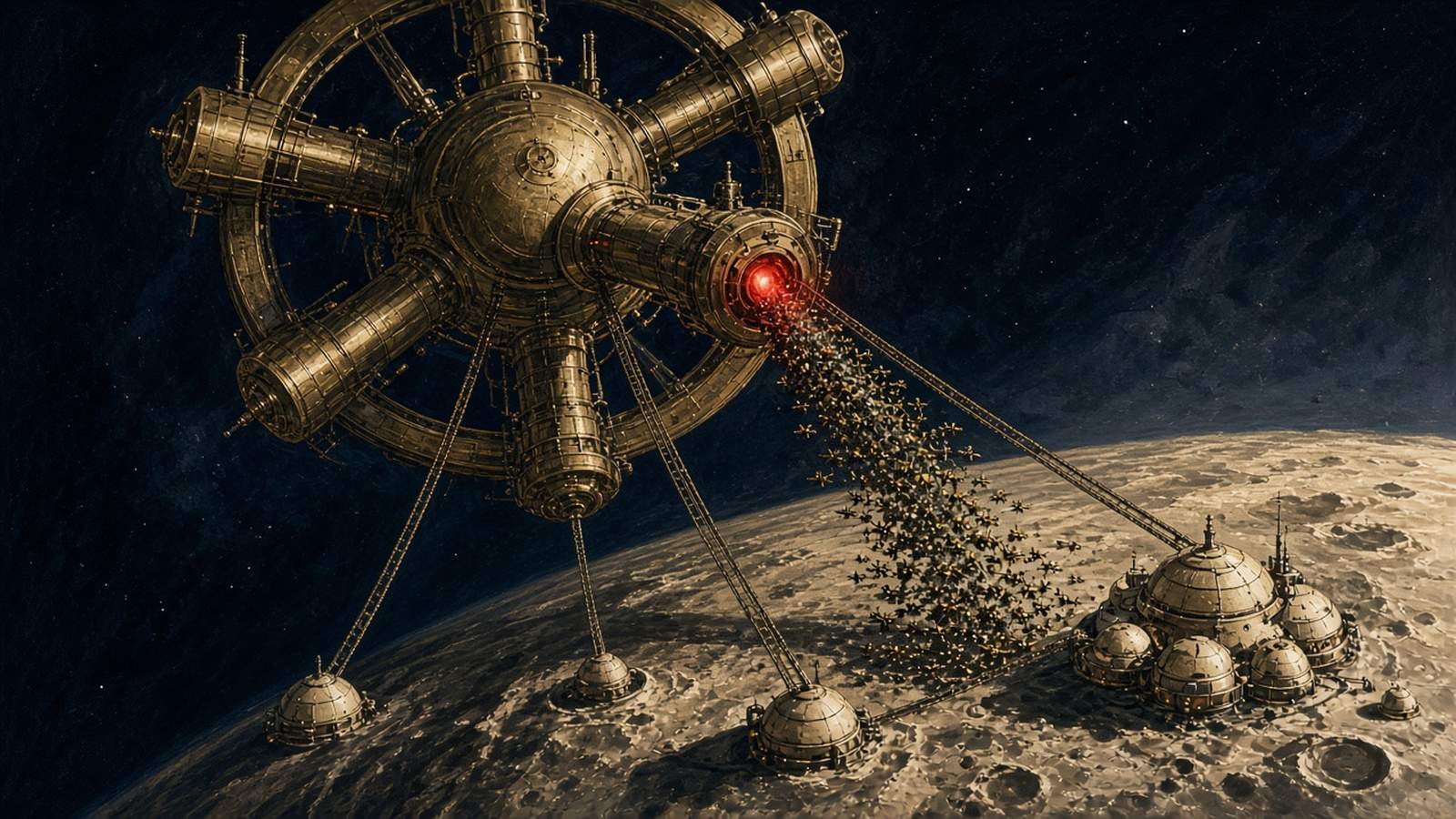 Pulp-style illustration of a brass relay station with a glowing red port sending a swarm of drones towards domed cities