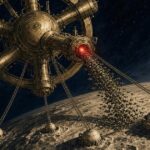 Pulp-style illustration of a brass relay station with a glowing red port sending a swarm of drones towards domed cities