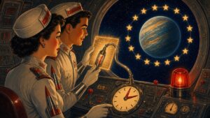 Pulp sci-fi illustration of two uniformed officers at a space-station console with a large countdown clock and a flashing red beacon, a ring of gold stars circling a planet beyond the porthole