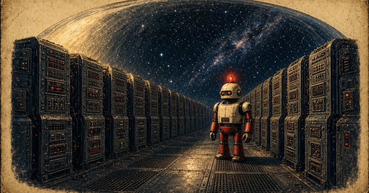 Pulp illustration of riveted server racks under a glass dome with a warning robot in the aisle