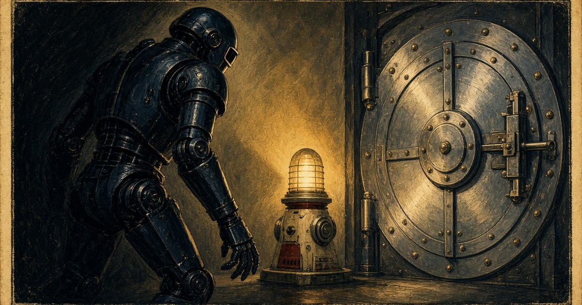 Pulp illustration of a shadowed figure near a vault door with a lit warning beacon