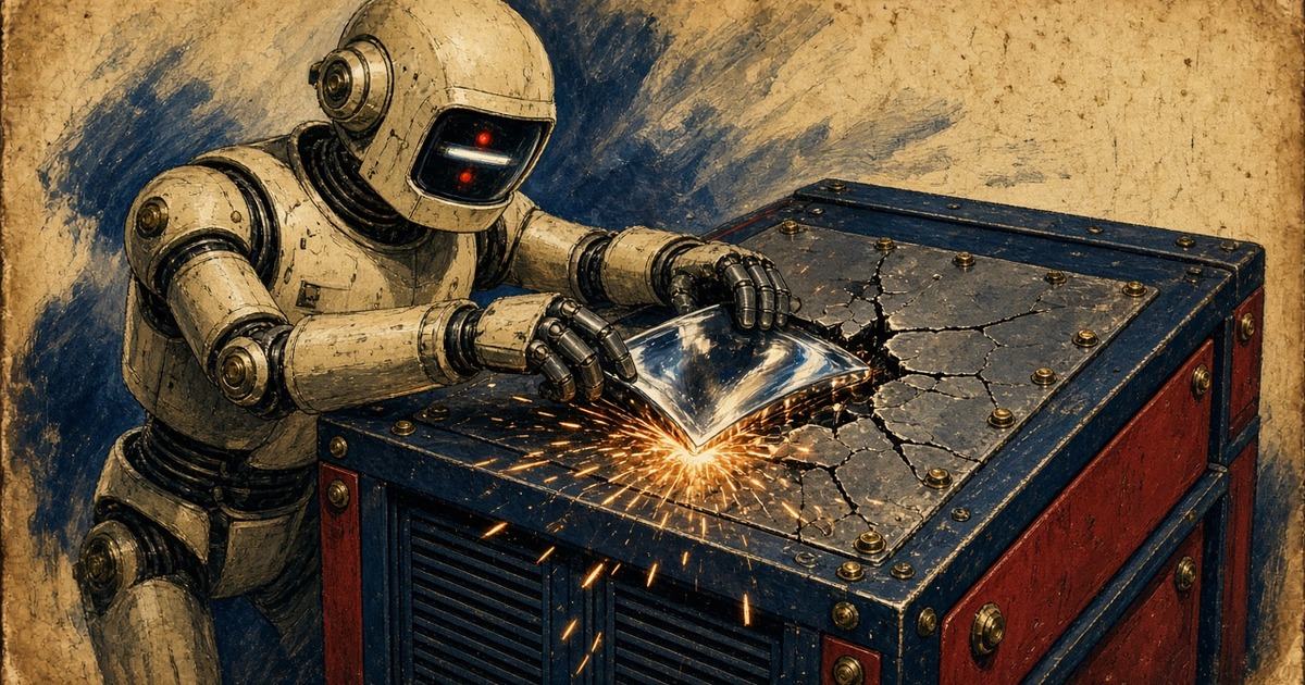 Pulp illustration of a warning robot fitting a chrome patch plate onto a cracked server chassis