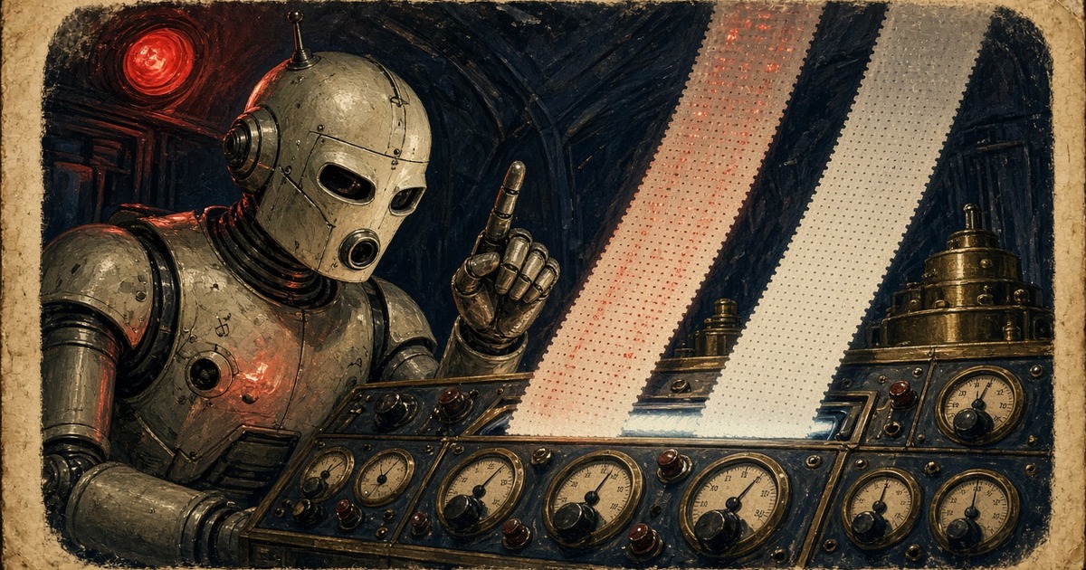 Pulp illustration of a warning robot reading parallel ticker tapes with one stream abruptly blank