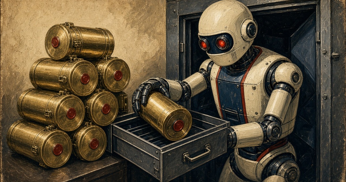 Pulp illustration of a warning robot filing sealed brass document cylinders into a vault drawer