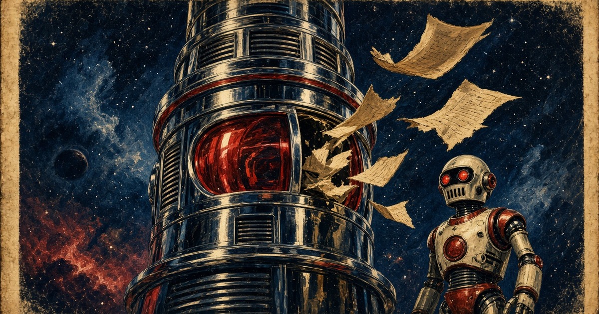 Pulp illustration of a warning robot beside a server rack whose audit log scroll is torn blank