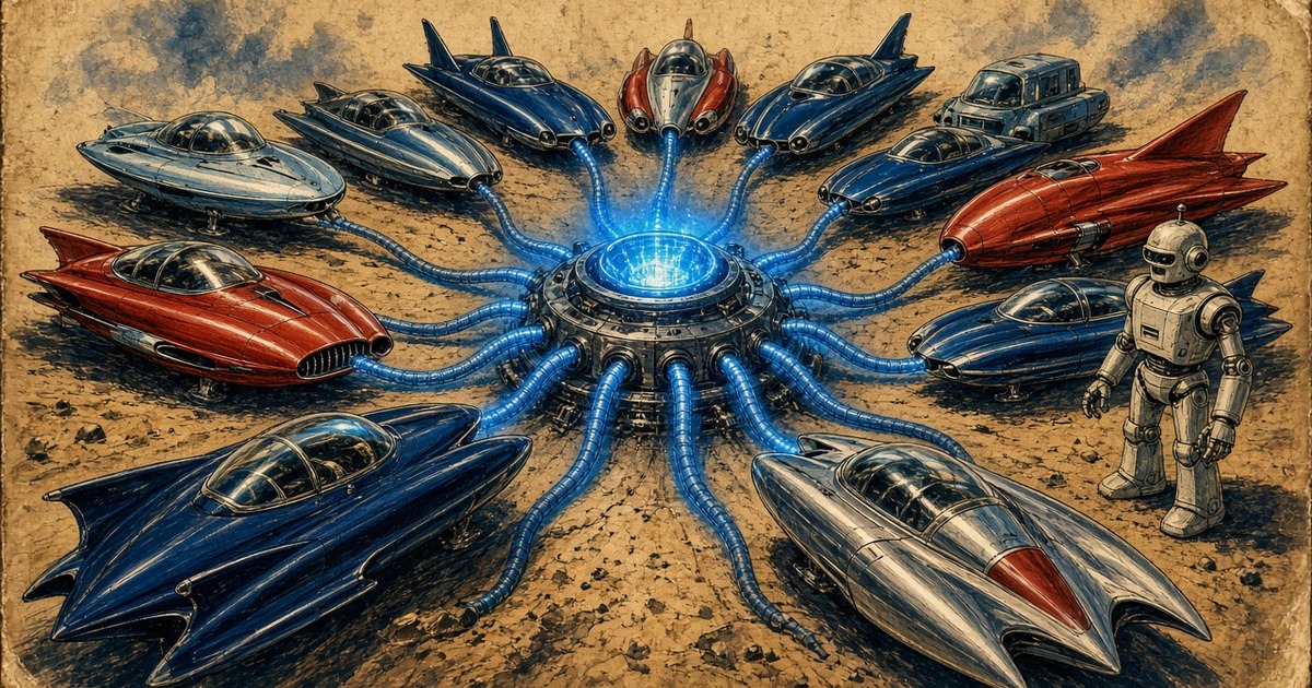 Pulp illustration of many chassis shapes around a shared glowing blue boot-cable hub