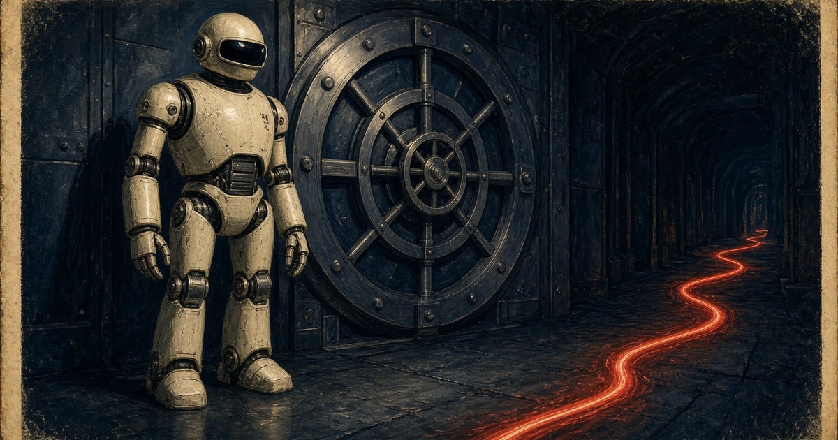 Pulp illustration of a warning robot standing calm beside a sealed vault while a distant cable glows