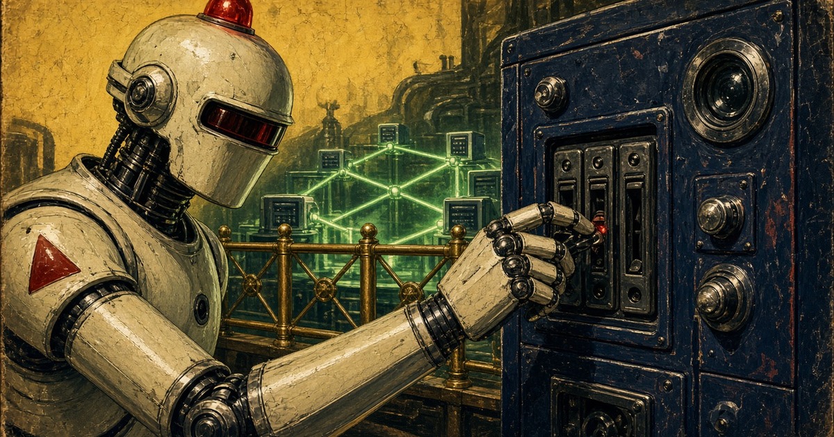 Pulp illustration of a warning robot closing a network switch port while a trusted LAN segment glows behind a brass fence