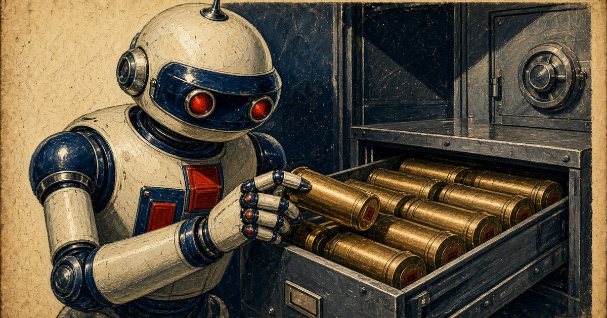 Pulp illustration of a warning robot filing brass document cylinders into a vault drawer