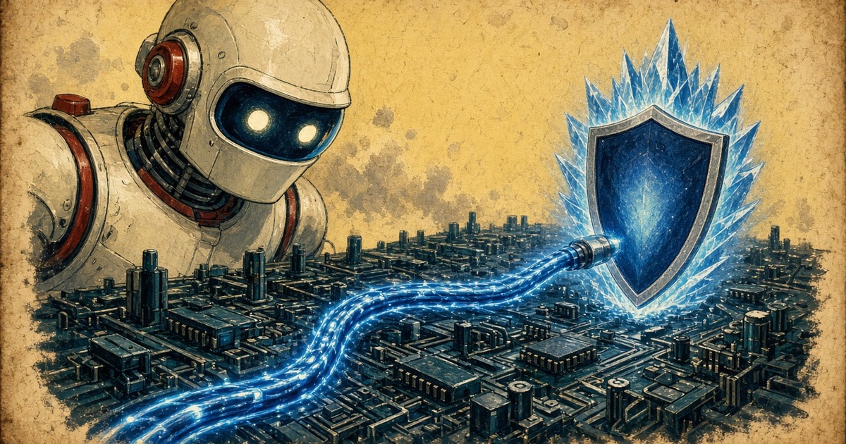Pulp illustration of a warning robot inspecting a glowing network boot cable before a motherboard landscape