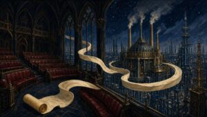 Pulp sci-fi illustration of a gothic parliamentary chamber with red benches, a parchment scroll unwinding towards a city of power stations