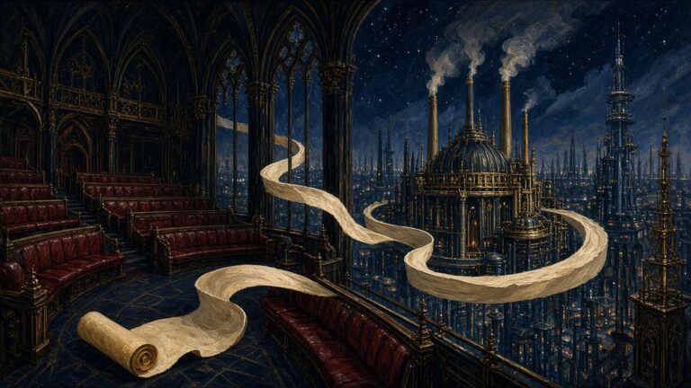 Pulp sci-fi illustration of a gothic parliamentary chamber with red benches, a parchment scroll unwinding towards a city of power stations