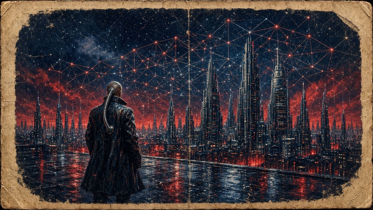 Pulp sci-fi illustration of a figure in a trench coat with a cable at the neck, facing a neon city under a glowing red data lattice
