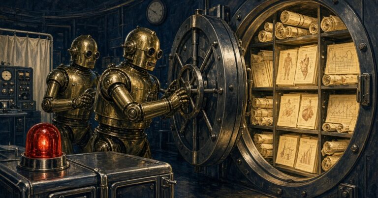 1950s pulp illustration of brass robots opening a vault of glowing medical scrolls beneath a red beacon in a navy hospital analytics lab