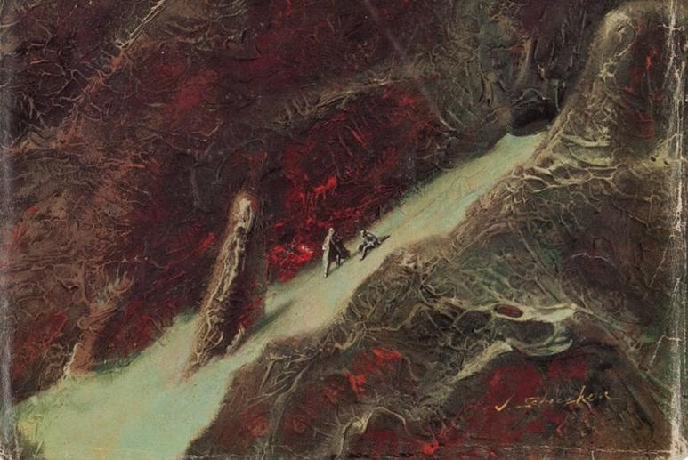 Detail crop of Schoenherr Dune cover: path, figures and rough rock texture
