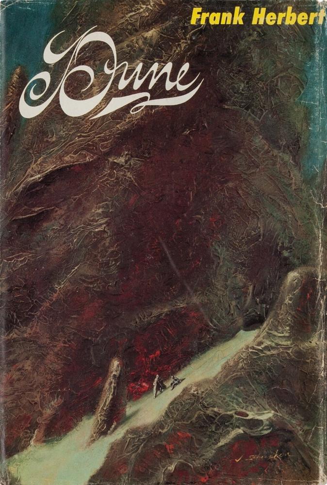 Chilton 1965 Dune dust jacket by John Schoenherr: dark canyon, tiny figures on a pale path